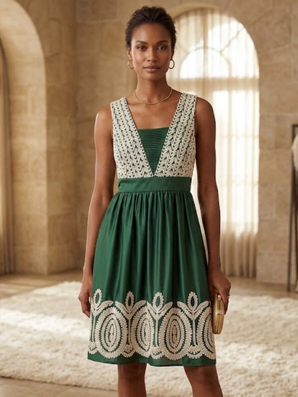 Ralph Lauren Green Satin Dress with Ivory Embroidery S
